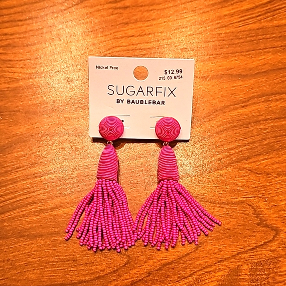 Sugarfiz Baublebar neon bright pink tassle beaded fringe earring BNWT prep boho